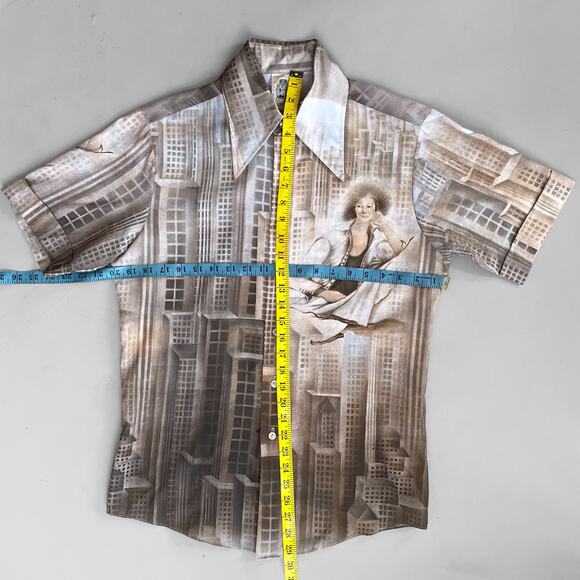70s Polyester Kennington Disco Skyscraper Metropolis Shirt AllOver Print Men's - Picture 6 of 9